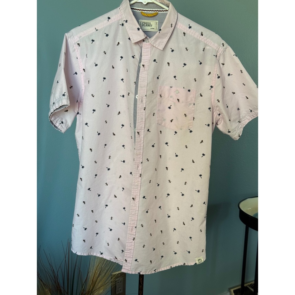 Free Planet Mens Pink Palm Tree Hula Girl Tropical Button Down Shirt L FN9X90PK